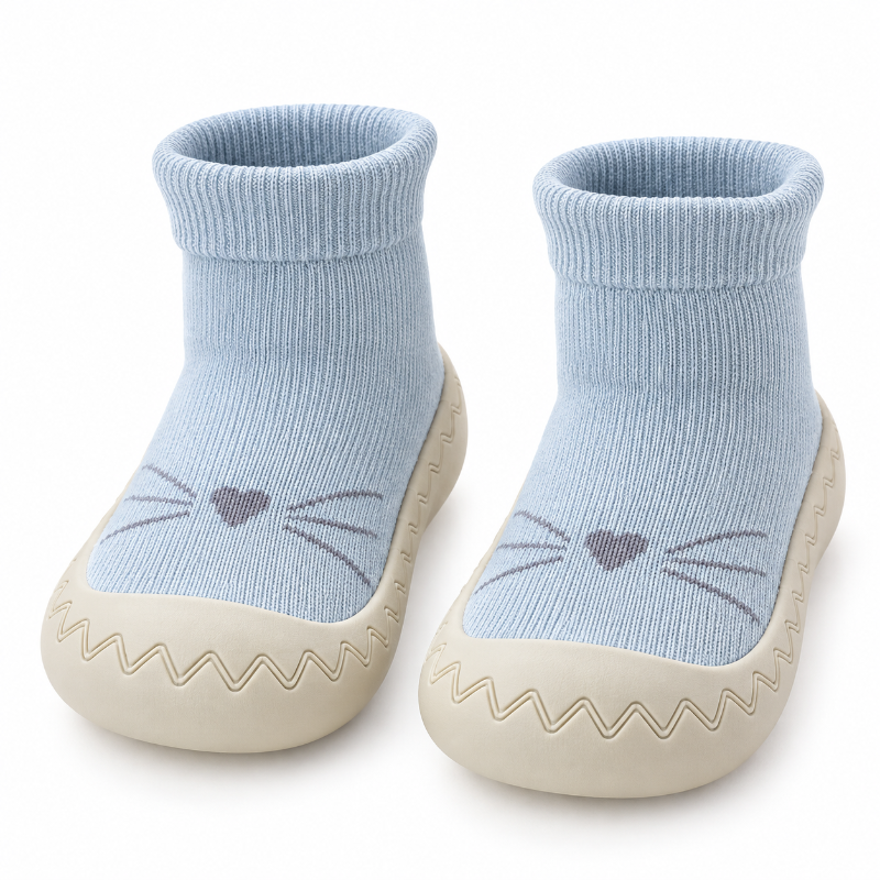 Chaussons bébé bleus en maille douce avec semelle antidérapante