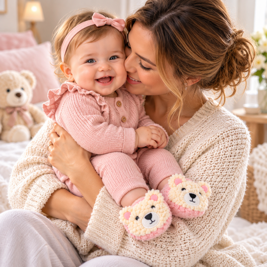 Bébé fille dans les bras de sa maman portant des chaussons roses ourson doux et confortables