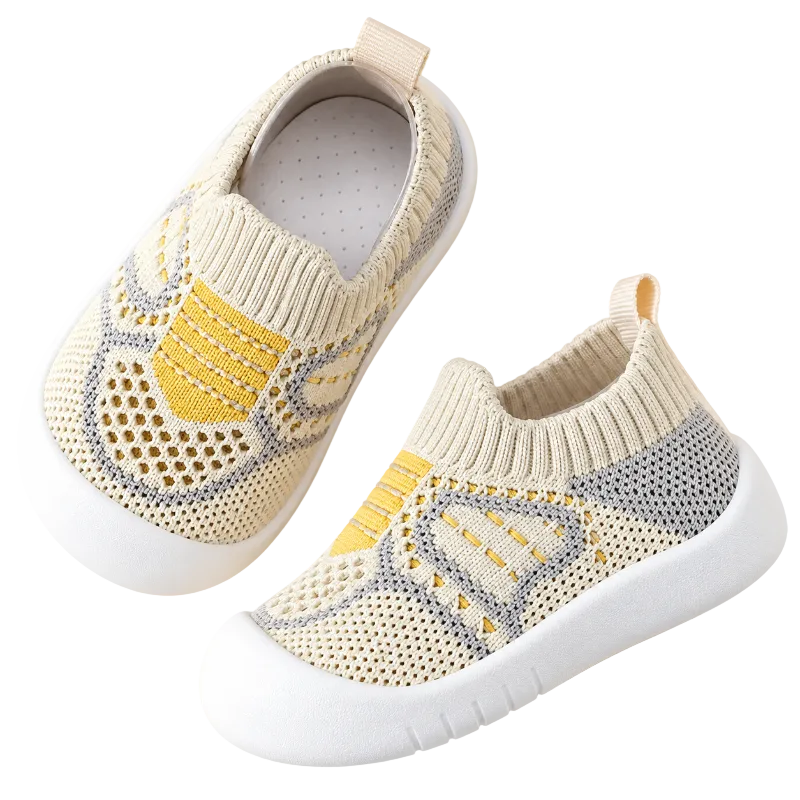 Chaussures bébé beige et jaune, tissu doux et respirant, semelle souple antidérapante pour premiers pas