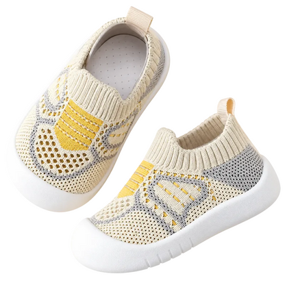 Chaussures bébé beige et jaune, tissu doux et respirant, semelle souple antidérapante pour premiers pas