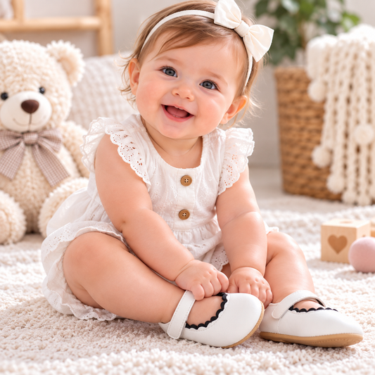 Bébé assise portant des chaussures blanches souples avec fermeture à bride