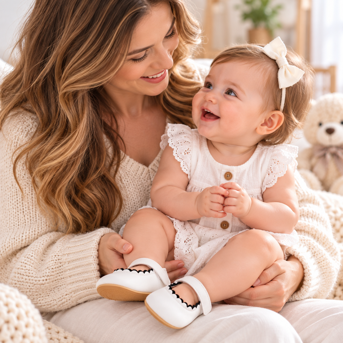 Bébé avec sa maman portant des chaussures blanches souples à bride