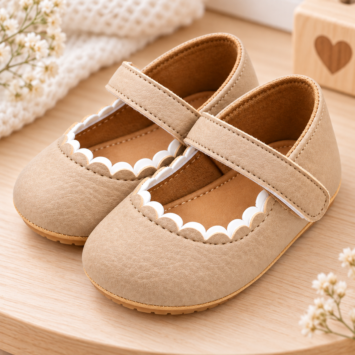 Chaussures bébé beiges en cuir souple avec bride et semelle antidérapante