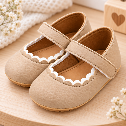 Chaussures bébé beiges en cuir souple avec bride et semelle antidérapante