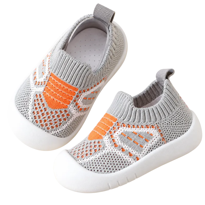 Chaussures bébé grises et orange souples et respirantes pour les premiers pas