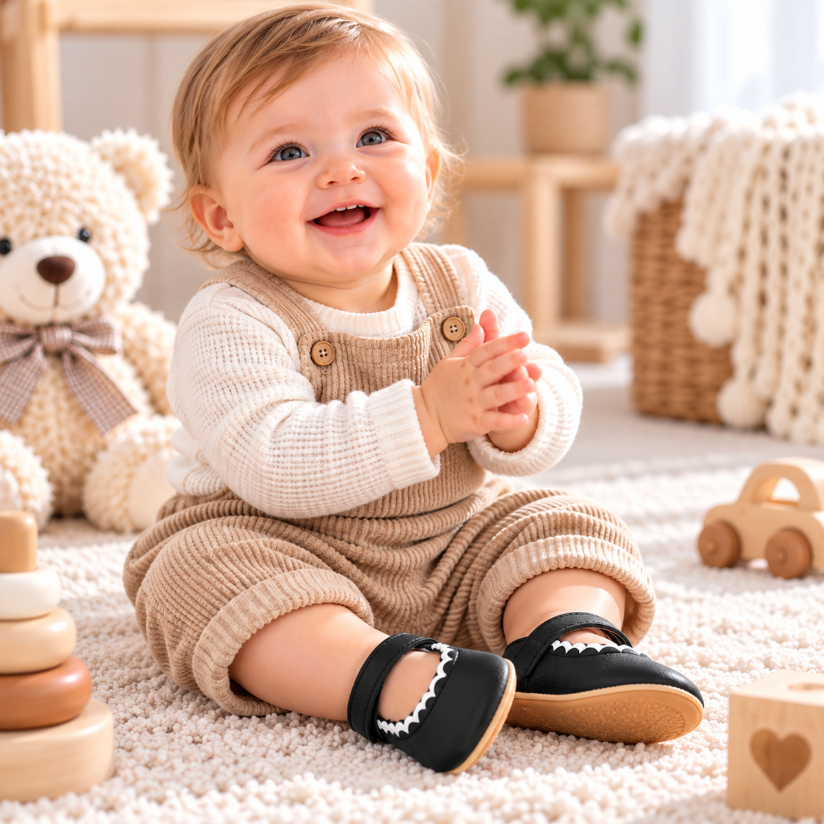 Bébé portant des chaussures noires souples avec semelle antidérapante
