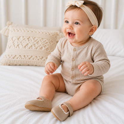 Bébé souriante portant des chaussures souples beige confortables