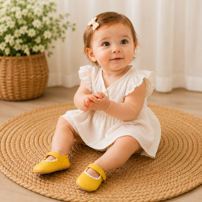 Bébé assise portant des chaussures souples jaunes confortables