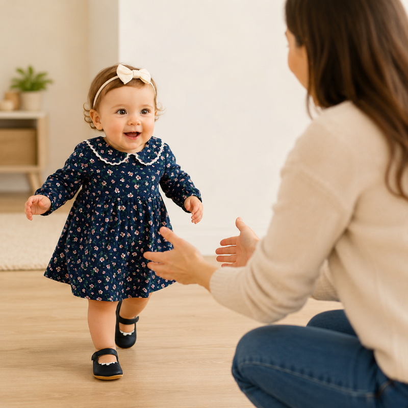 Bébé faisant ses premiers pas avec des chaussures souples noires