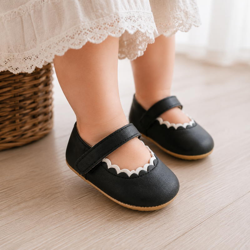 Gros plan de chaussures souples noires pour bébé avec fermeture à scratch