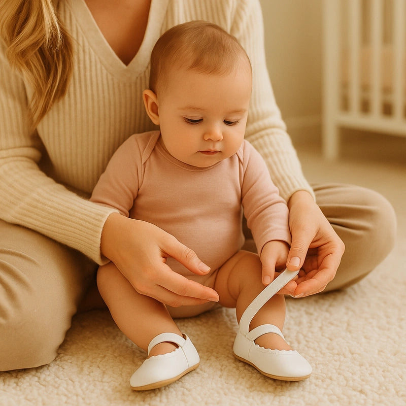 Maman qui met des petites chaussures blanches à son bébé assis sur un tapis doux dans une chambre lumineuse
