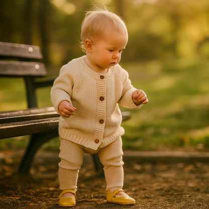 Bébé debout au parc portant des chaussures jaunes en cuir souple et tenue tricotée beige