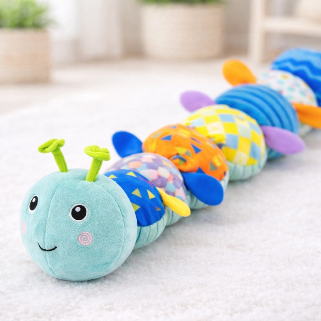 Jouet chenille sensorielle bébé en peluche colorée avec textures d’éveil dans décor intérieur