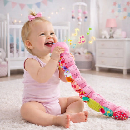 Chenille musicale interactive bébé jouet sensoriel peluche colorée avec bébé fille souriante