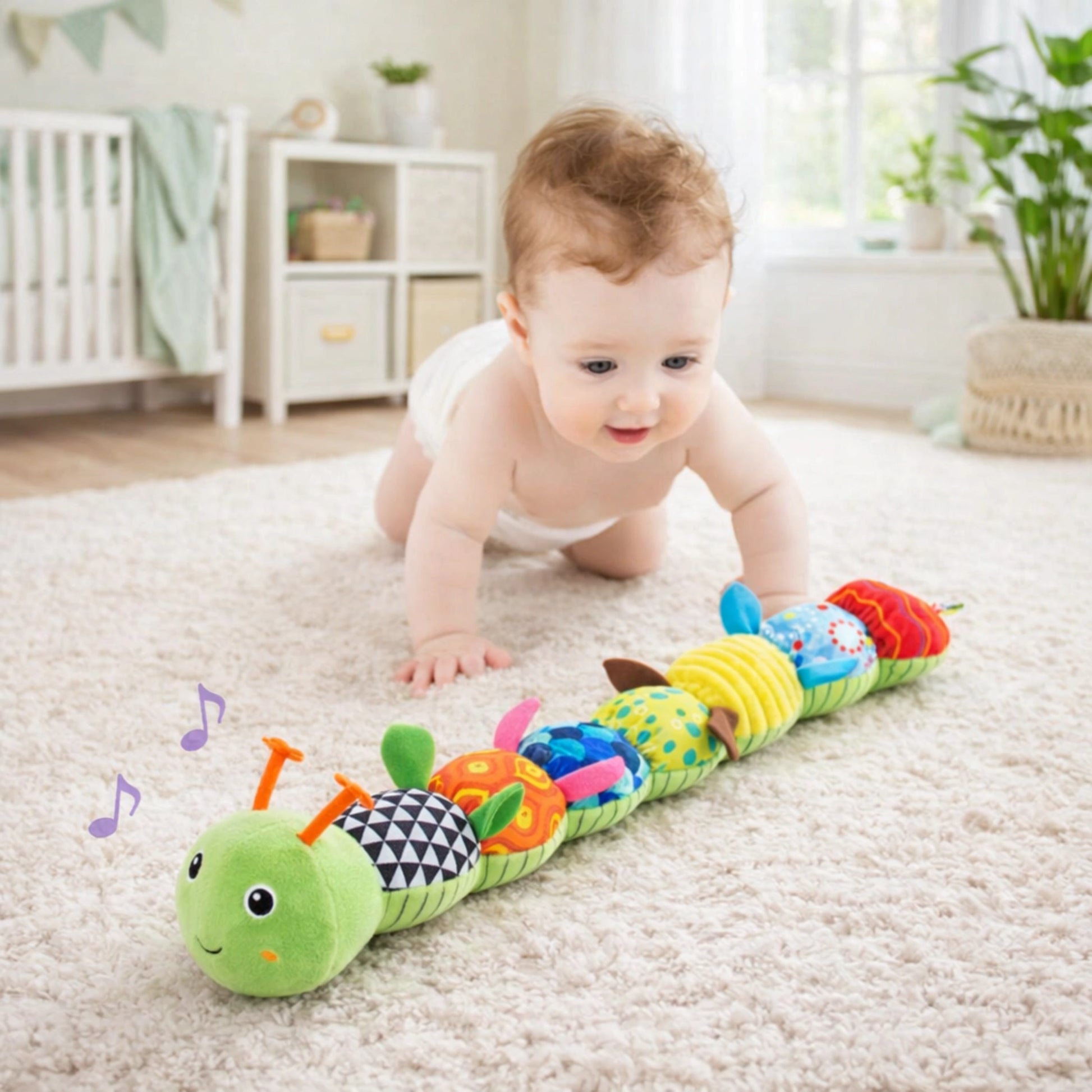 Chenille musicale bébé jouet d’éveil sensoriel pour encourager le rampement et la motricité bébé peluche interactive