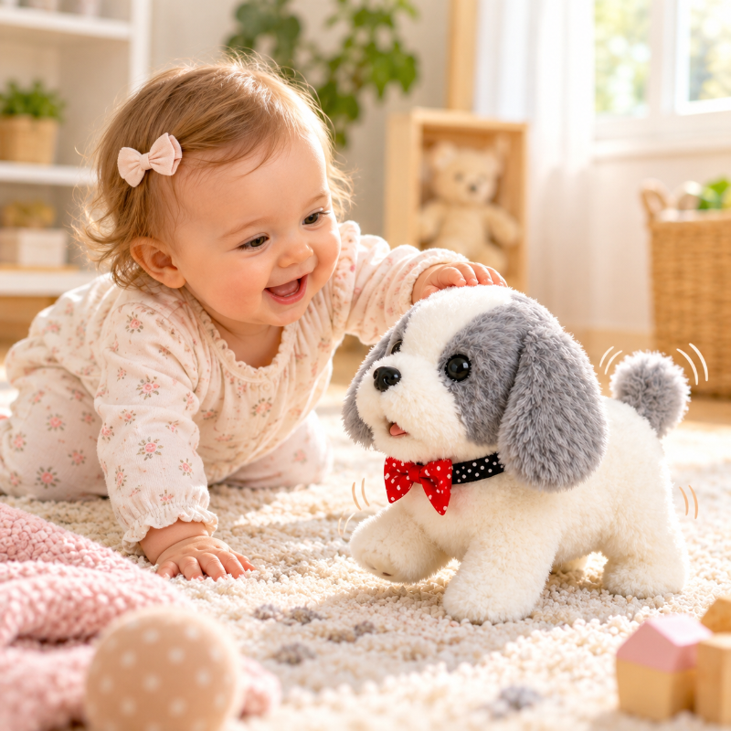 Bébé jouant avec un petit chien interactif en peluche dans une chambre lumineuse