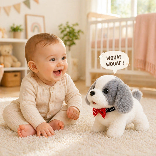 bébé jouant avec chien peluche interactif qui aboie jouet bébé sensoriel wouaf wouaf