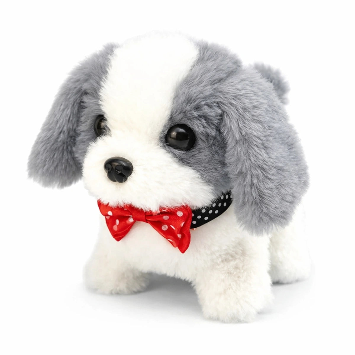 chiot peluche interactif gris jouet électronique chien réaliste avec nœud rouge pour enfant
