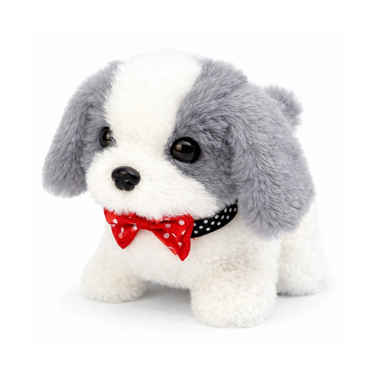 Chiot en peluche interactif gris et blanc avec noeud rouge, jouet électronique réaliste pour enfant, image principale fond blanc