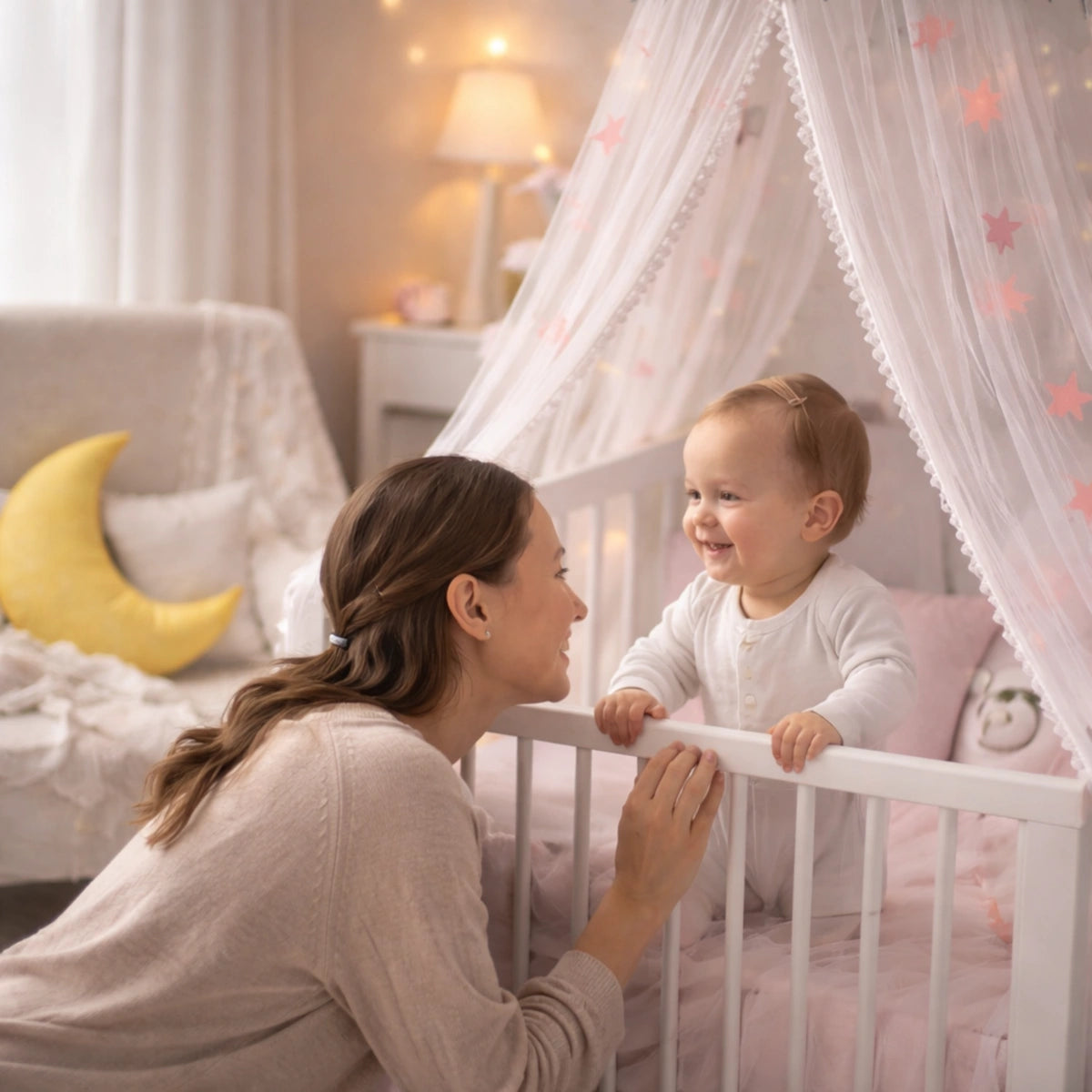 ciel de lit bébé suspendu ambiance chambre bébé apaisante avec maman et enfant décoration douce