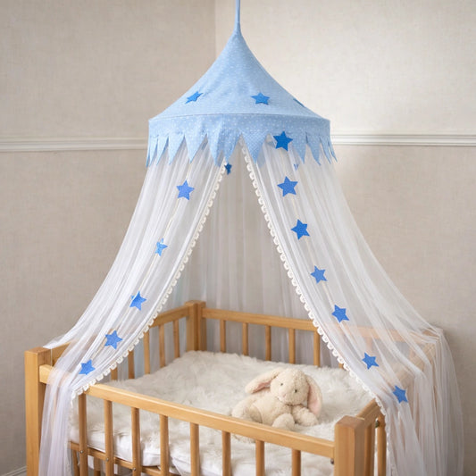 ciel de lit bébé bleu étoiles style nordique suspendu pour lit bébé en mousseline légère