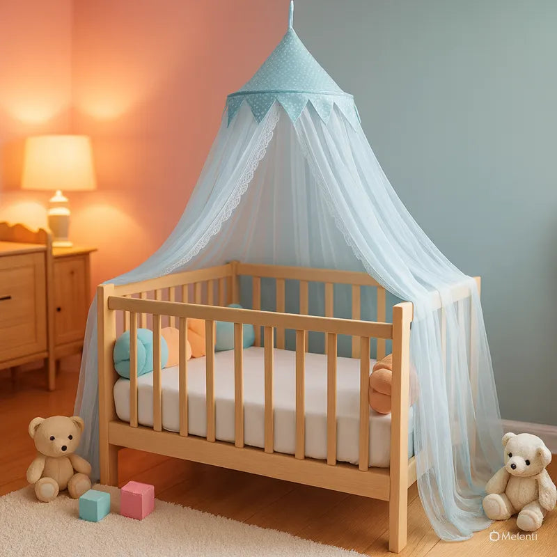 Ciel de lit bleu dans chambre de bébé