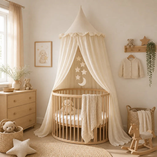 ciel de lit bébé beige dans une chambre bébé scandinave avec lit rond en bois
