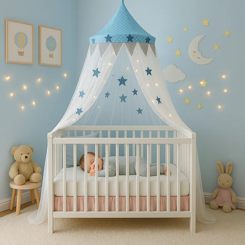 Ciel de lit bleu dans chambre de bébé