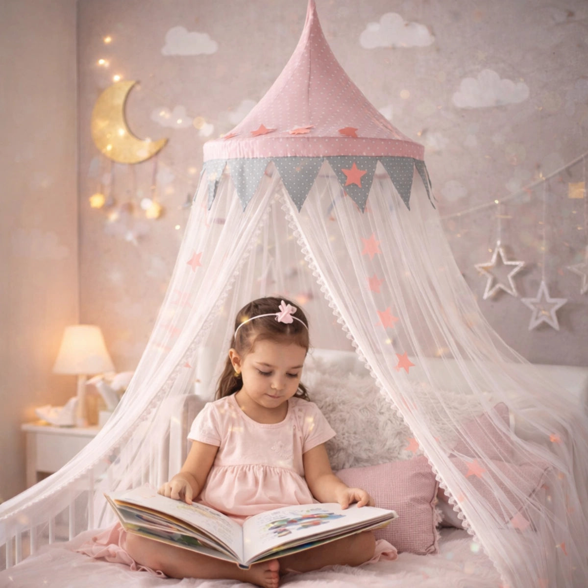 ciel de lit bébé rose avec étoiles suspendu au-dessus d’un lit enfant avec petite fille