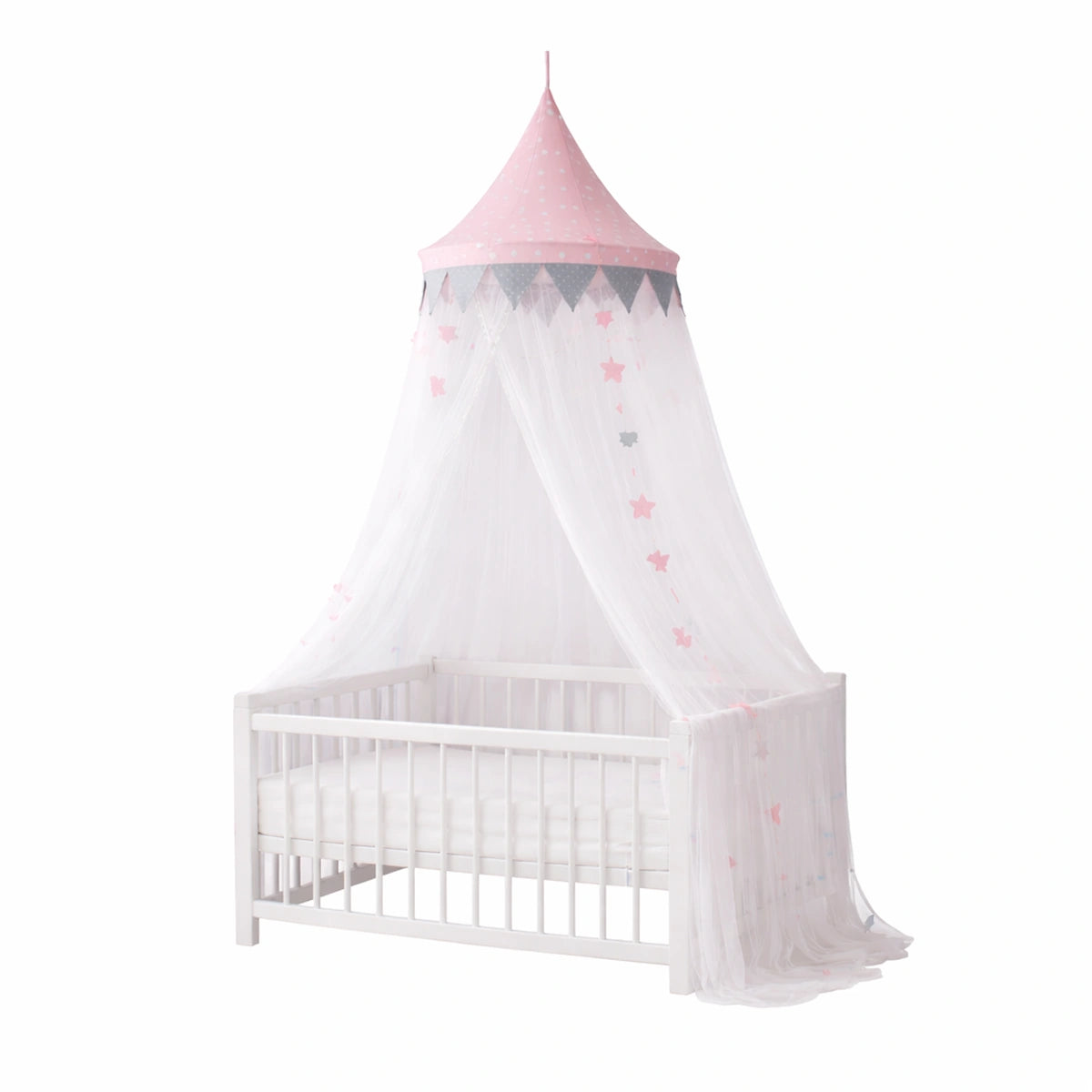 ciel de lit bébé rose avec étoiles au-dessus d’une couchette blanche fond blanc minimaliste