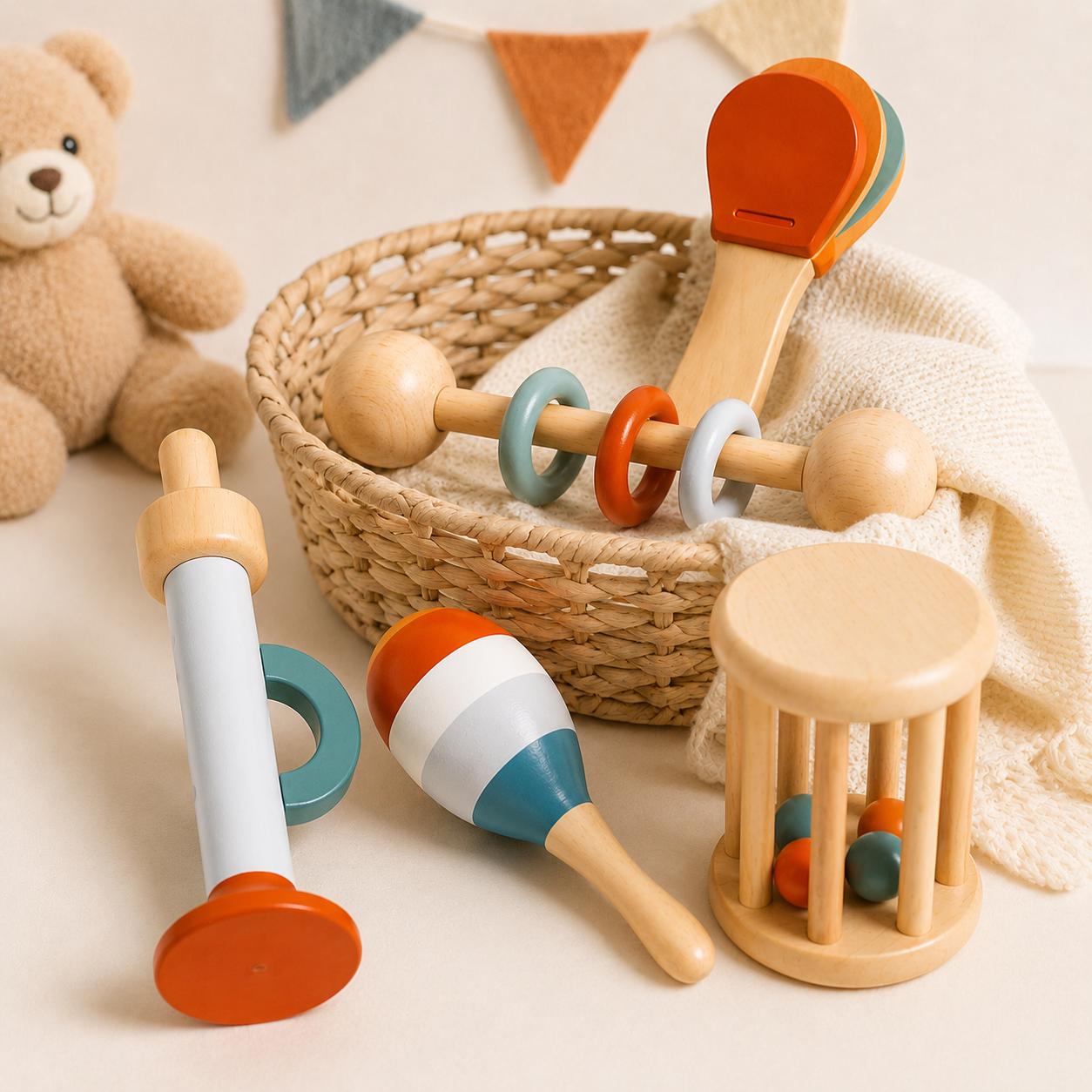 Coffret musical bébé en bois composé de 5 instruments d'éveil, présenté dans un panier en osier