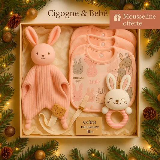 Coffret naissance fille Cigogne & Bébé avec bavoirs, hochet lapin et doudou – mousseline offerte
