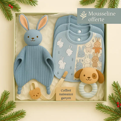 Coffret naissance garçon Cigogne & Bébé avec bavoirs bleus, hochet chien, doudou lapin et mousseline offerte