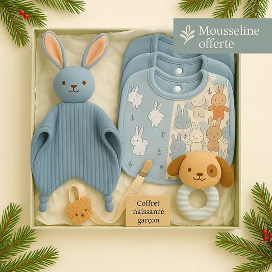 Coffret naissance garçon Cigogne & Bébé avec bavoirs bleus, hochet chien, doudou lapin et mousseline offerte