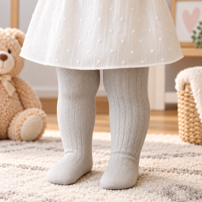 Bébé portant des collants gris côtelés avec une robe blanche dans une chambre douce et chaleureuse