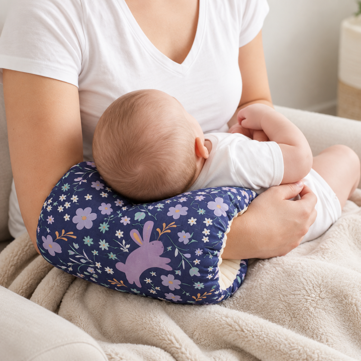 Bébé confortablement installé sur un coussin d’allaitement bleu à motifs fleuris dans les bras de sa maman.