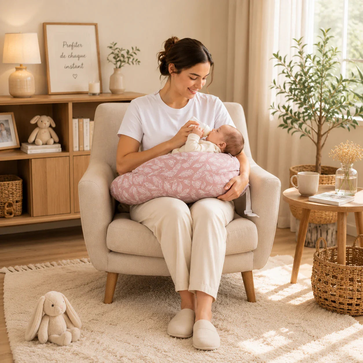 Maman donnant le biberon à bébé avec un coussin d’allaitement rose