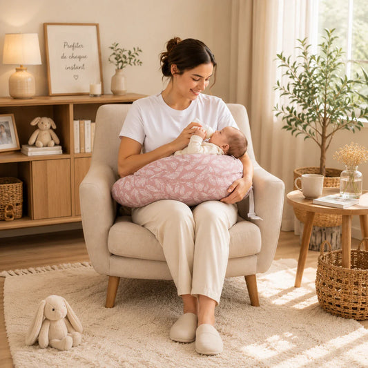 Maman donnant le biberon à bébé avec un coussin d’allaitement rose