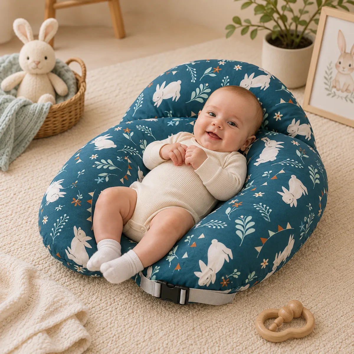 Bébé sur coussin d’allaitement bleu à motifs lapins dans une chambre de bébé