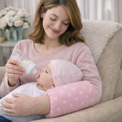 maman donne biberon bébé avec coussin allaitement bras bébé rose ergonomique soutien tête bébé