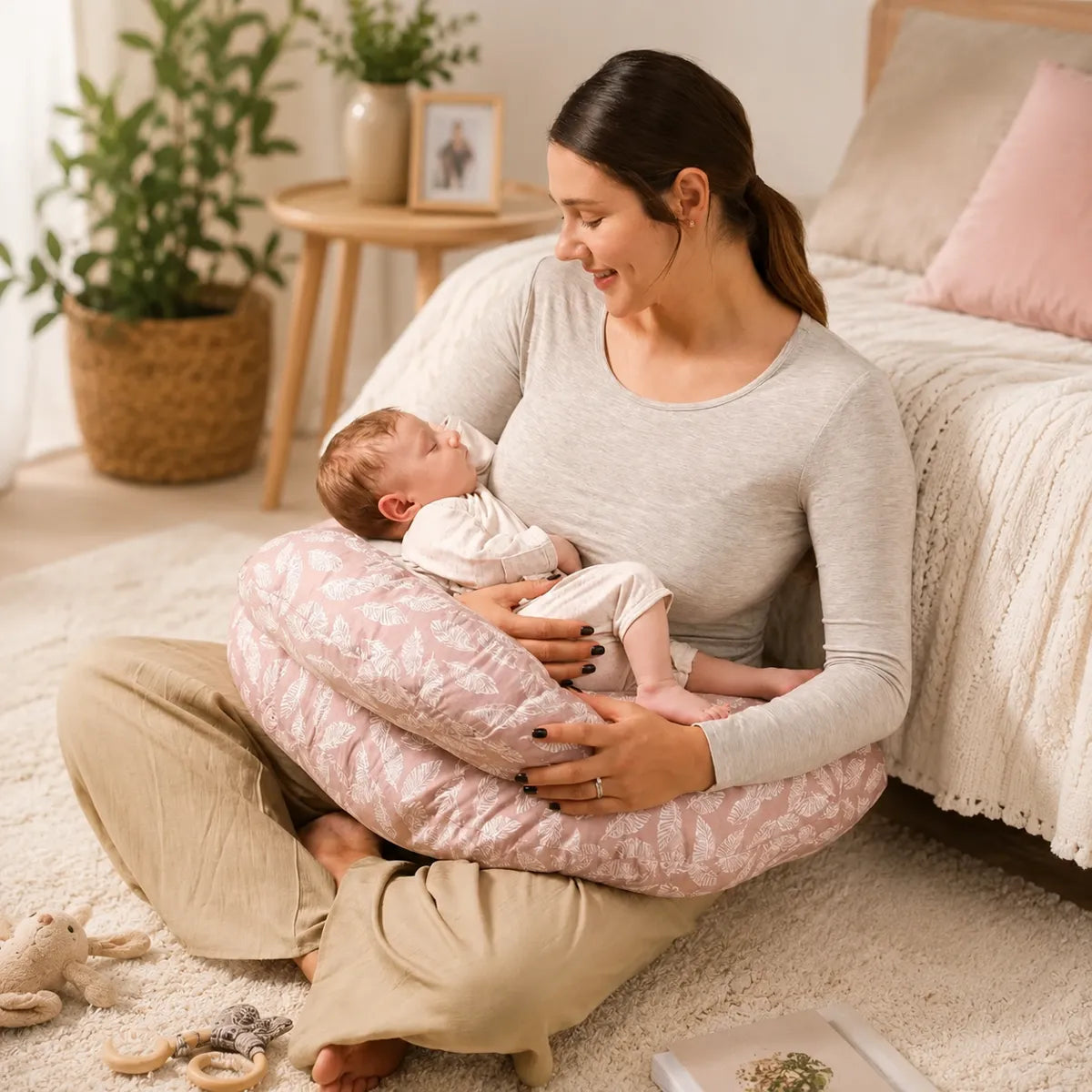 Maman utilisant un coussin d’allaitement rose avec son nouveau-né