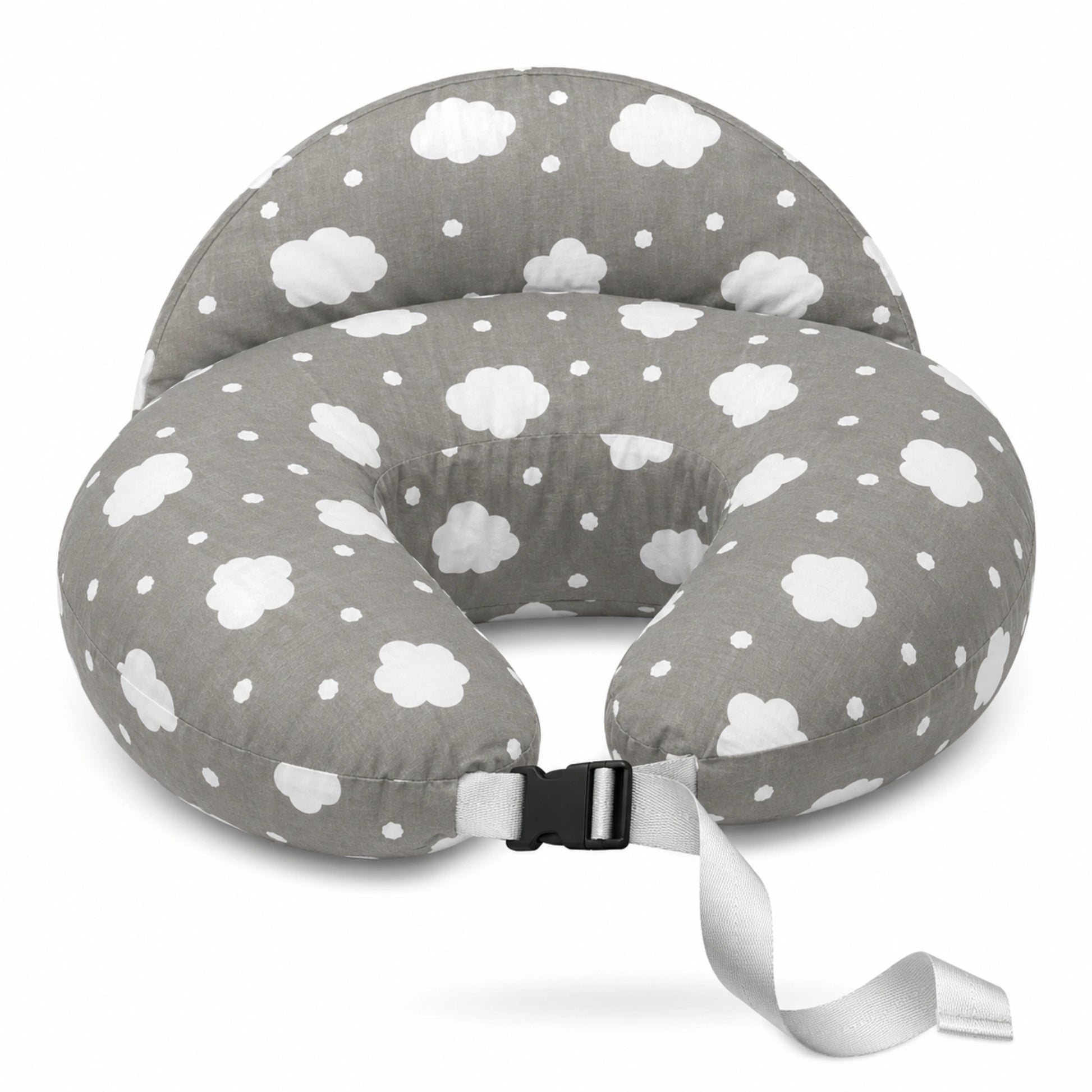 Coussin d’allaitement gris motif nuages pour bébé avec appui confortable et maintien sécurisé