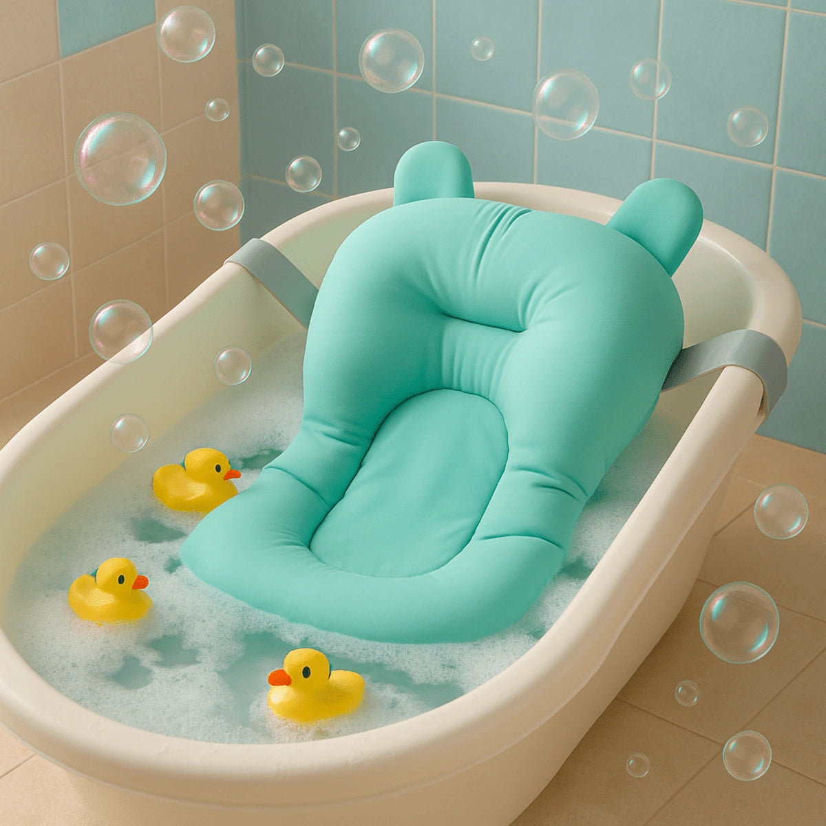 coussin de bain bébé antidérapant bleu installé dans baignoire avec mousse et jouets canards