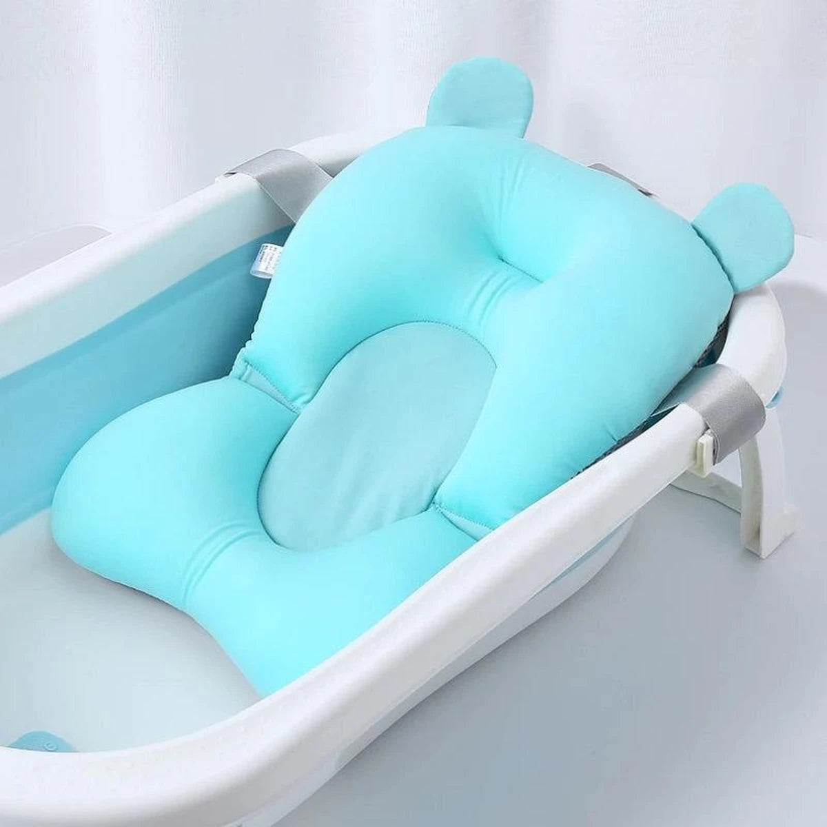 Coussin de bain bébé ergonomique antidérapant bleu avec support tête et fixation baignoire