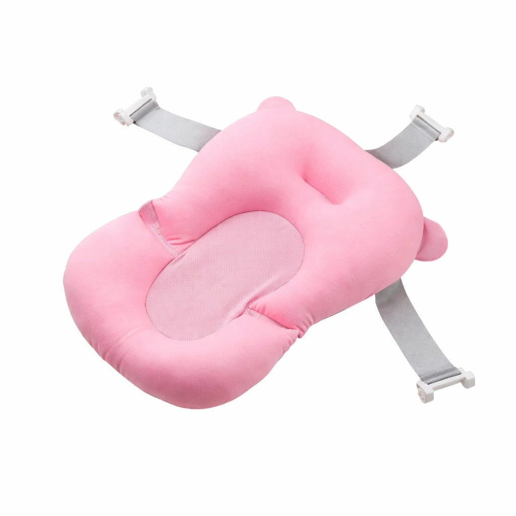 coussin de bain bébé rose antidérapant avec support ergonomique et attaches réglables pour bain sécurisé