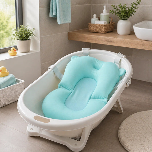 Coussin de bain bébé antidérapant bleu installé dans baignoire, support doux et sécurisé pour le bain des nouveau-nés