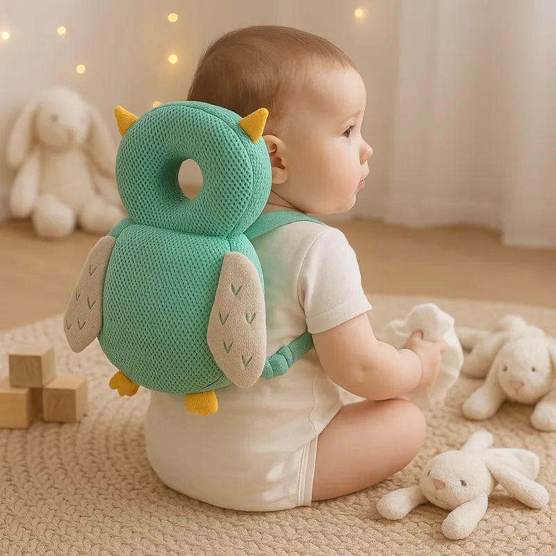 Bébé jouant dans le salon avec coussin bébé anti-chute hibou vert pour protection tête et dos