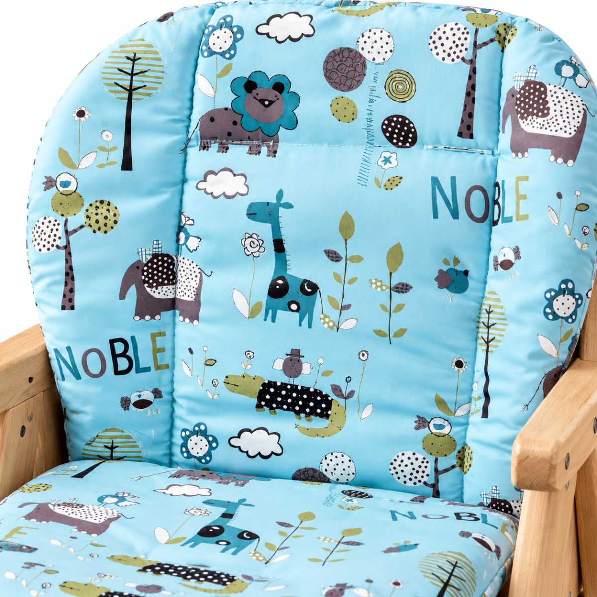 Coussin bleu rembourré pour chaise haute bébé avec motifs animaux et nature