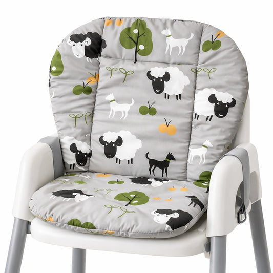 Coussin de chaise haute bébé gris motif moutons confortable rembourré compatible harnais sécurité