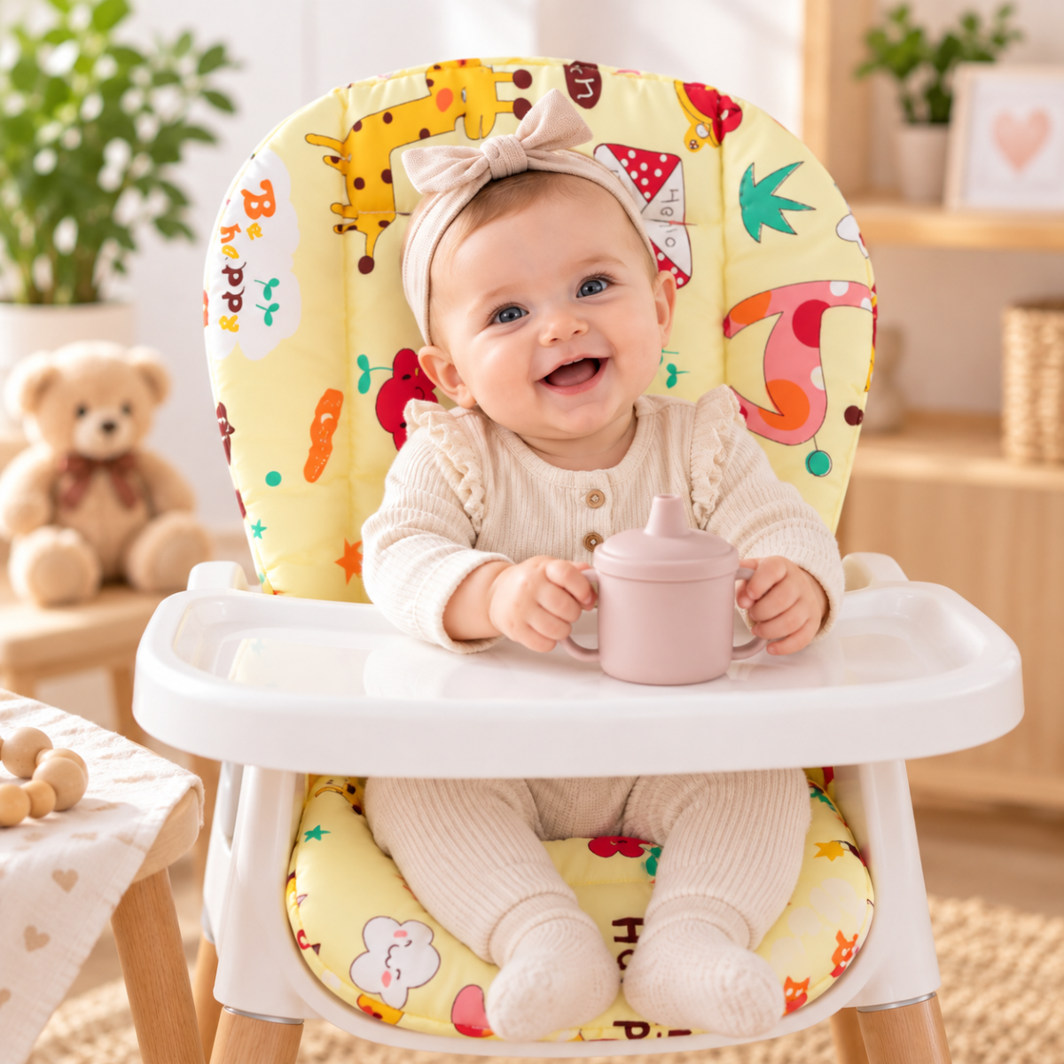 Coussin jaune rembourré pour chaise haute bébé confortable pendant le repas